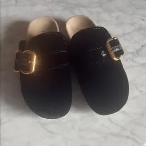 Prada Black Suede Clogs with Gold Buckles